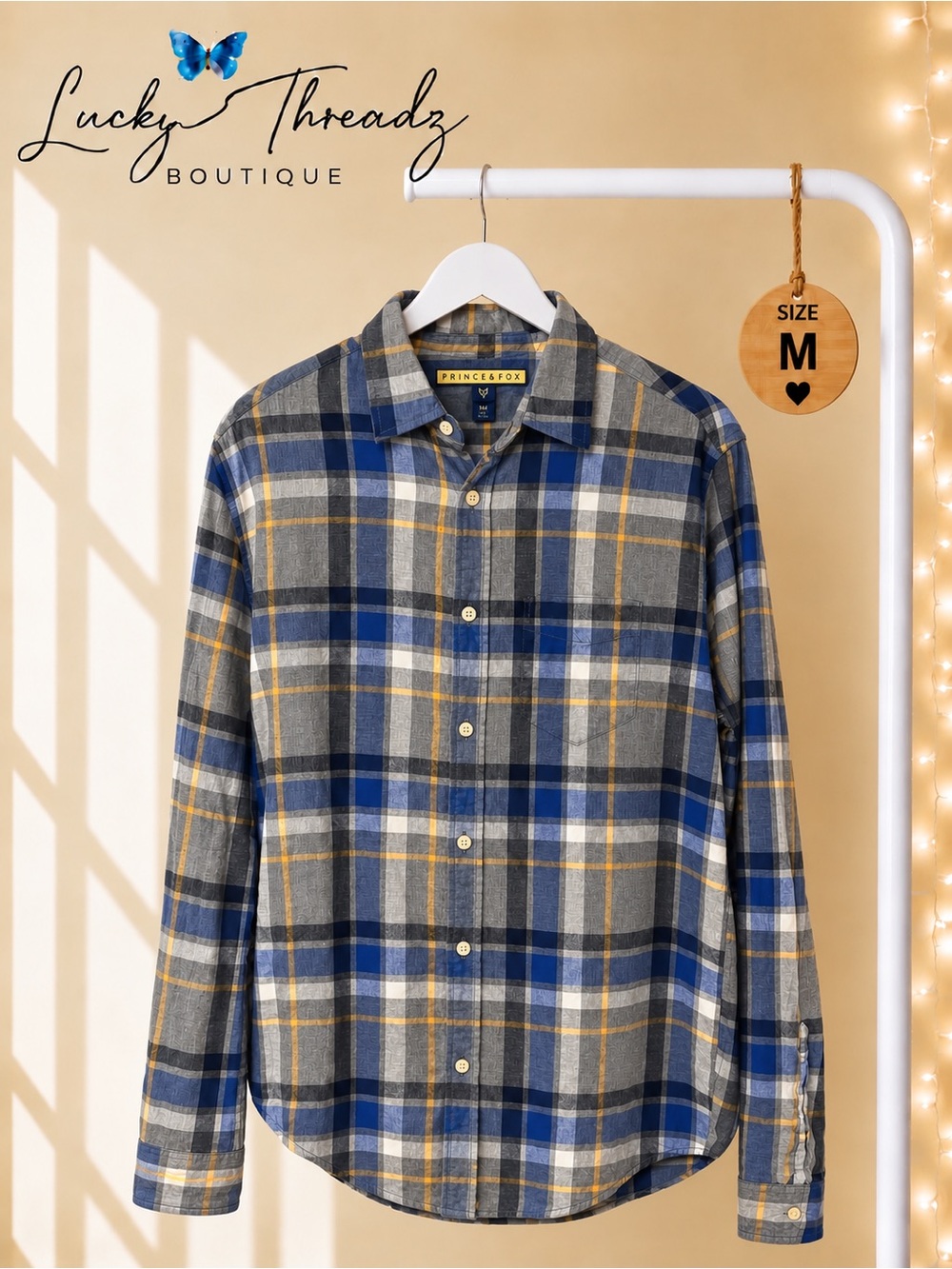 Prince & Fox Men's Medium Plaid Long Sleeve Button Down Shirt Blue Gray Yellow